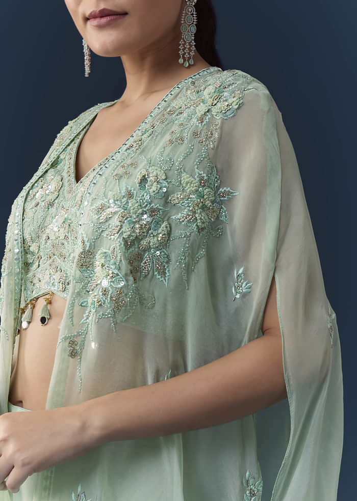 Blue Organza Embroidered Crop Top Palazzo Set with Cape