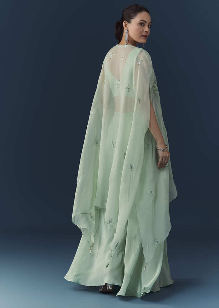 Blue Organza Embroidered Crop Top Palazzo Set with Cape