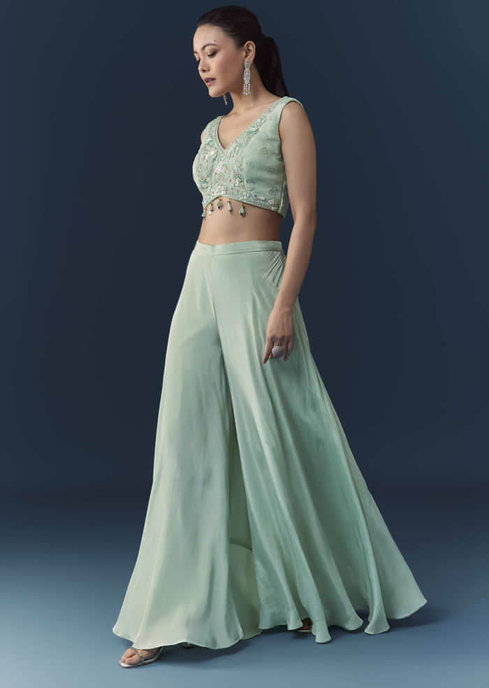 Blue Organza Embroidered Crop Top Palazzo Set with Cape