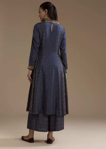 Blue Printed Cotton Kurta Palazzo Set with Thread Work