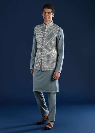 Blue Rayon Jacket Kurta Set with Gotta Patti