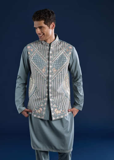 Blue Rayon Jacket Kurta Set with Gotta Patti