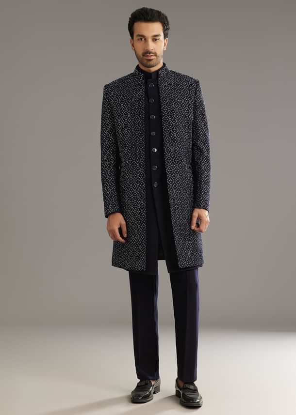 Blue Salli And Diamond Embellished Indo Western Set In Suiting Fabric