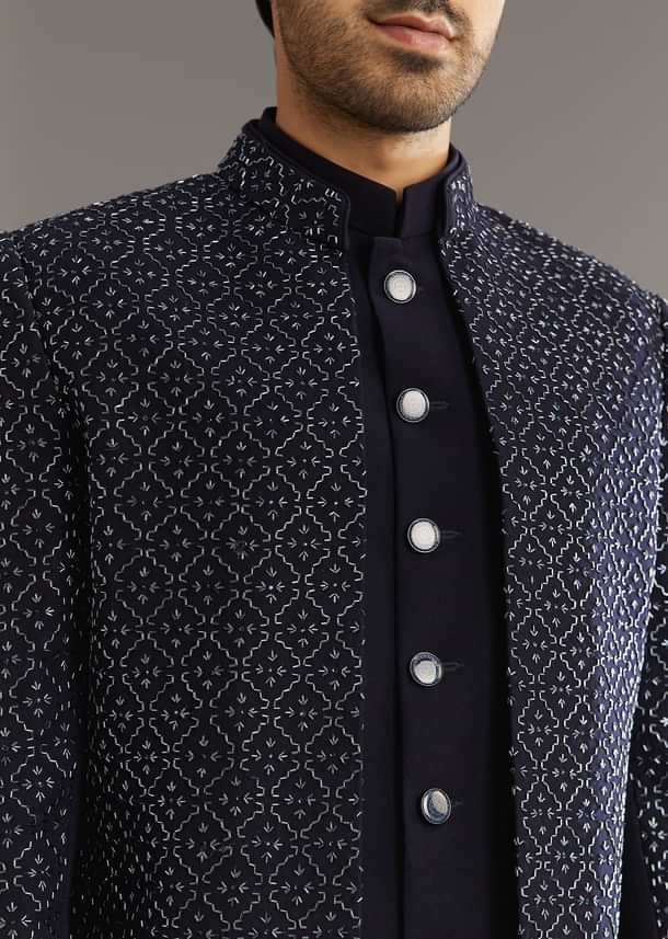 Blue Salli And Diamond Embellished Indo Western Set In Suiting Fabric