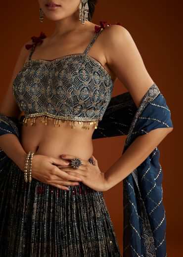 Blue Satin Ajrakh Printed Lehenga Choli With Dupatta