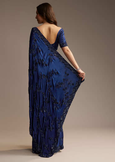Blue Satin Chinon Saree with Heavy Jaal Embroidery