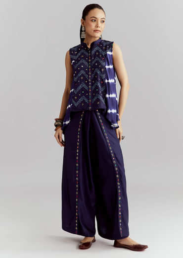 Blue Satin Indo Western Set With Bandhani And Leheriya Print