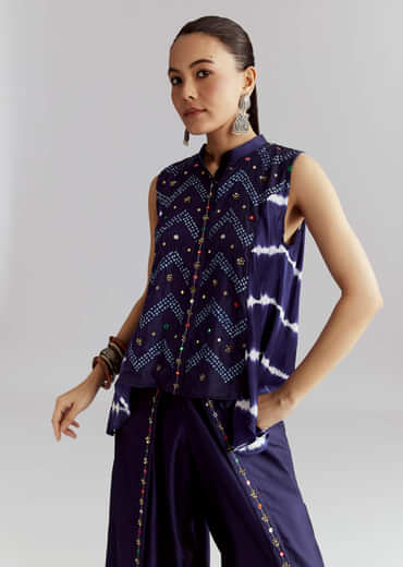Blue Satin Indo Western Set With Bandhani And Leheriya Print