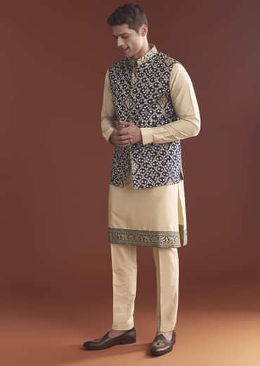 Blue Silk Bandhani Kurta Jacket Set For Men With Geometric Motifs