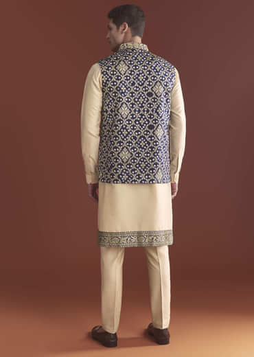 Blue Silk Bandhani Kurta Jacket Set For Men With Geometric Motifs