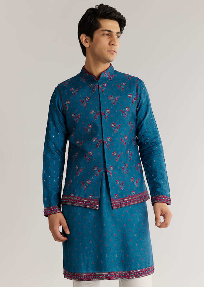 Blue Silk Cutdana Embroidered Kurta Jacket Set