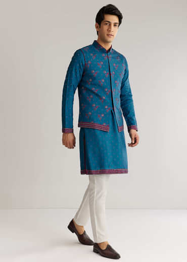 Blue Silk Cutdana Embroidered Kurta Jacket Set