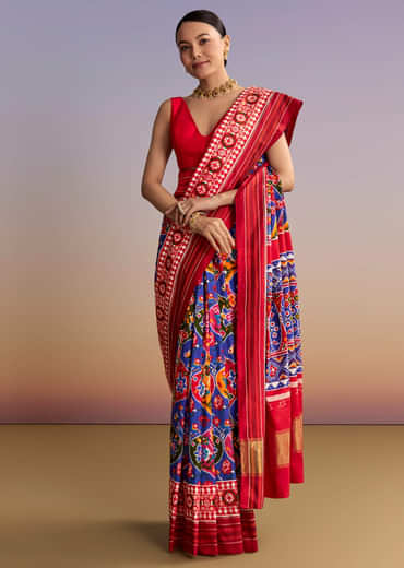 Blue Silk Double Ikkat Handwoven Patola Saree With Floral Motifs