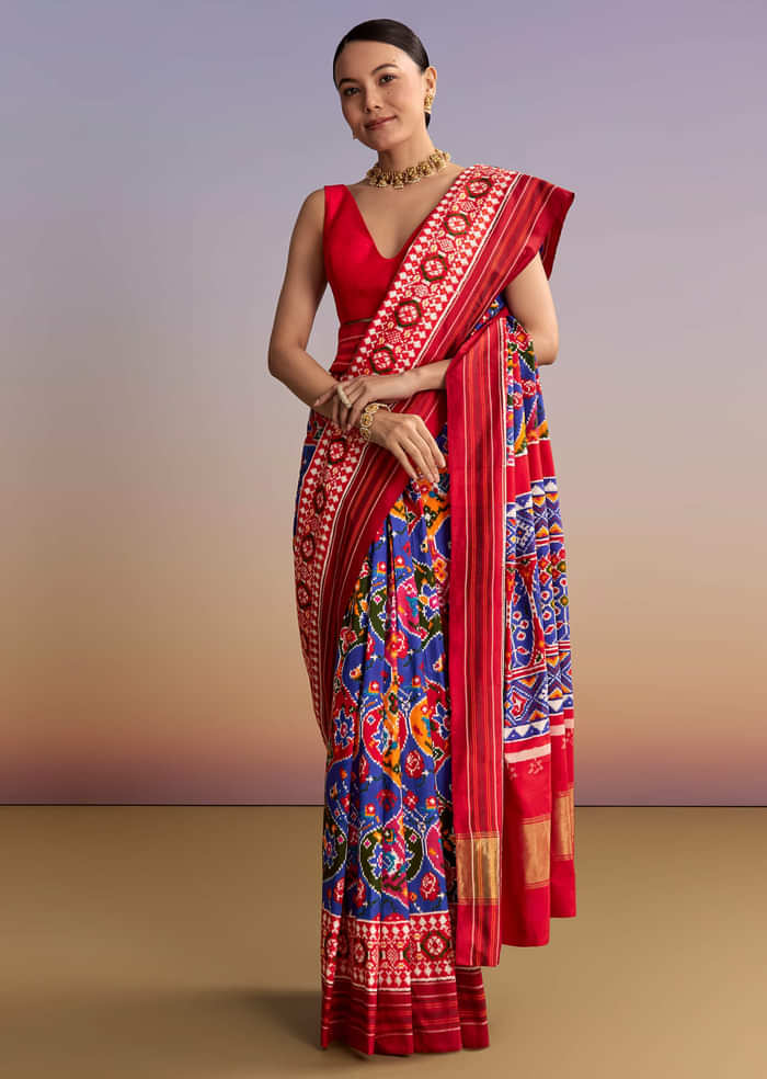 Blue Silk Double Ikkat Handwoven Patola Saree With Floral Motifs