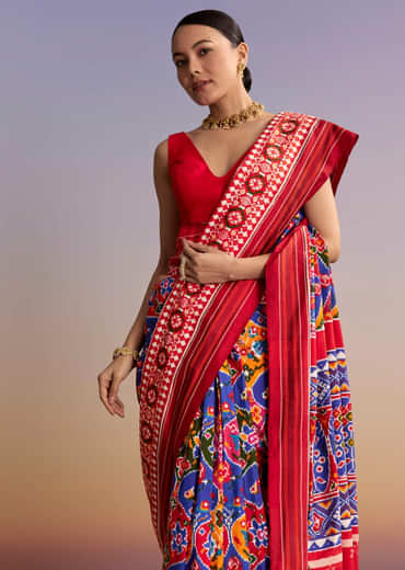 Blue Silk Double Ikkat Handwoven Patola Saree With Floral Motifs