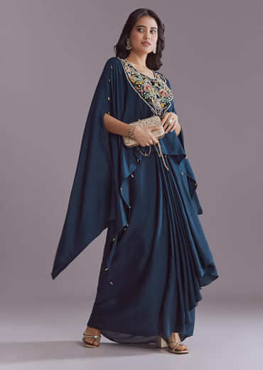 Blue Silk Kaftan Top And Drape Skirt Set With Embroidery