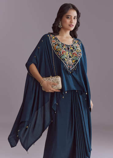 Blue Silk Kaftan Top And Drape Skirt Set With Embroidery