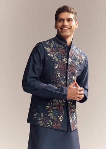 Blue Silk Kurta Jacket Set For Men With Resham Embroidery