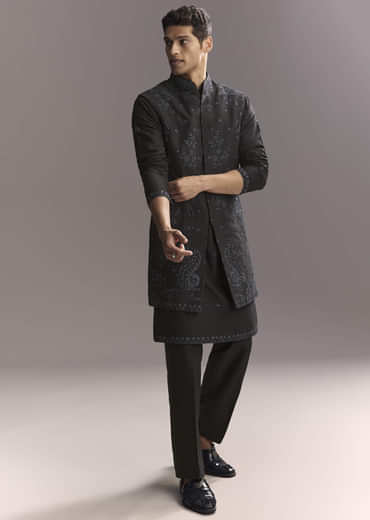 Blue Silk Kurta Jacket Set For Men With Resham Work