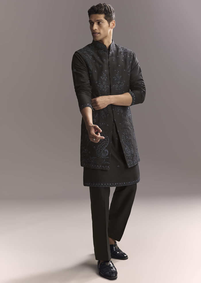 Blue Silk Kurta Jacket Set For Men With Resham Work
