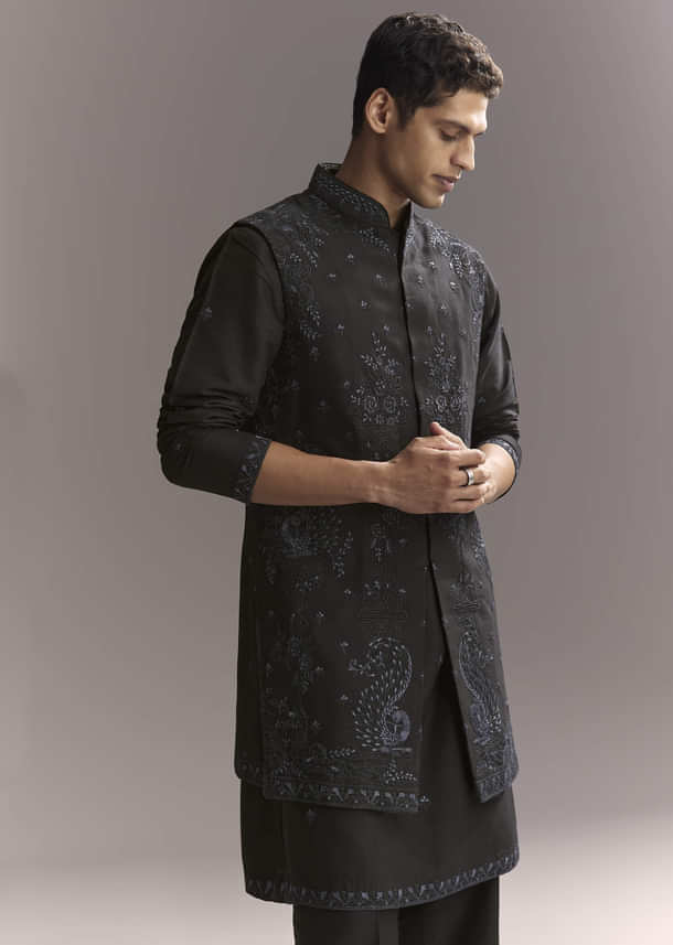 Blue Silk Kurta Jacket Set For Men With Resham Work Blue Silk Kurta Jacket Set For Men With Resham Work