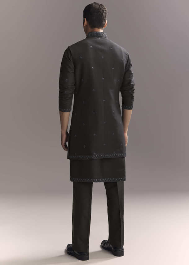 Blue Silk Kurta Jacket Set For Men With Resham Work Blue Silk Kurta Jacket Set For Men With Resham Work