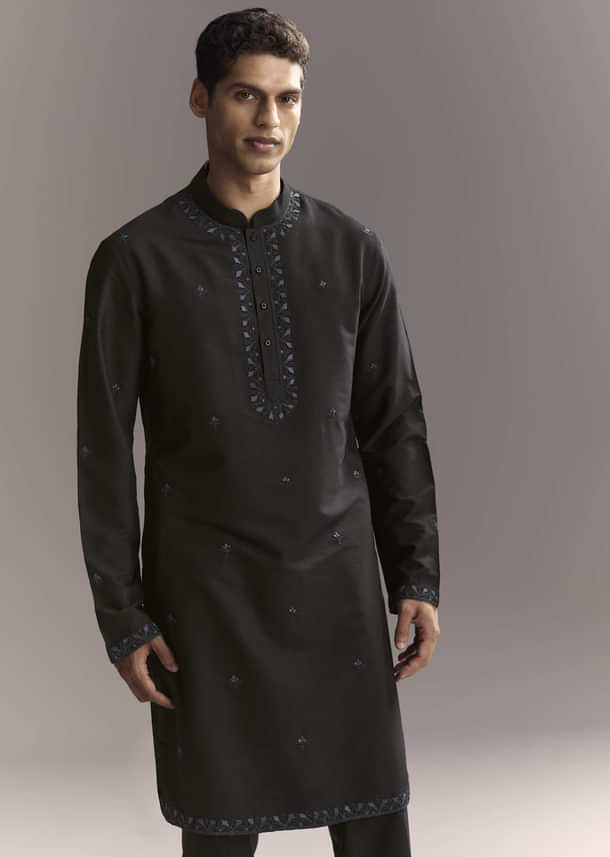 Blue Silk Kurta Jacket Set For Men With Resham Work Blue Silk Kurta Jacket Set For Men With Resham Work