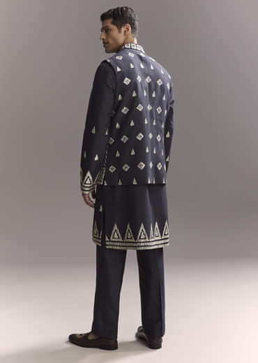 Blue Silk Kurta Jacket Set For Men With Sequins And Zari Embroidery