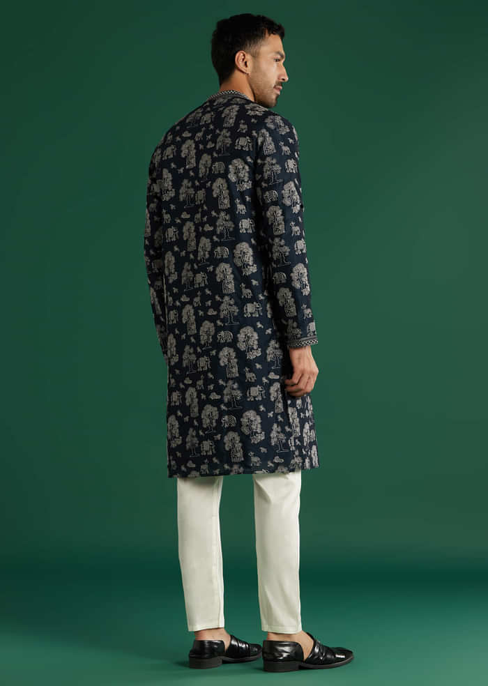 Blue Silk Kurta Set For Men With Animal Motif Thread Work