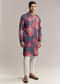Blue Silk Kurta Set For Men With Floral Print