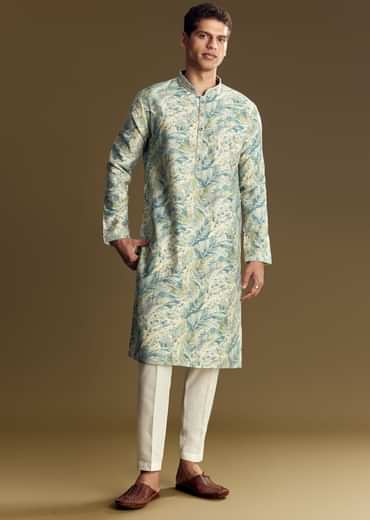 Blue Silk Kurta Set With Floral And Foil Print