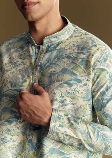 Blue Silk Kurta Set With Floral And Foil Print
