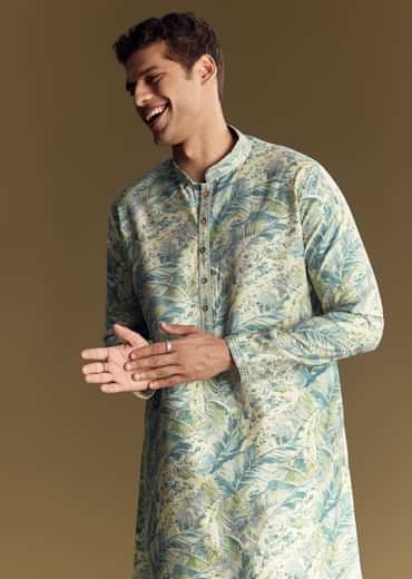 Blue Silk Kurta Set With Floral And Foil Print