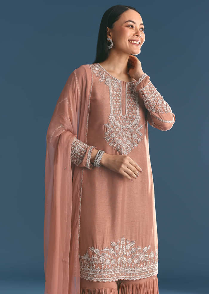 Peach Silk Kurta Sharara Suit With Cutdana Sequins Work
