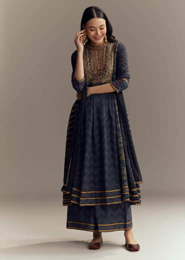 Blue Silk Printed Anarkali Suit With Sequins Work