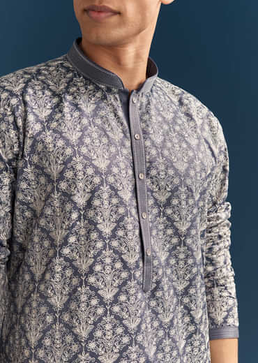 Blue Silk Kurta Set For Men With Thread Embroidery