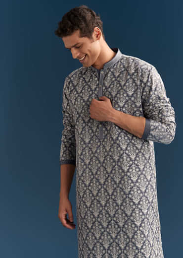 Blue Silk Kurta Set For Men With Thread Embroidery