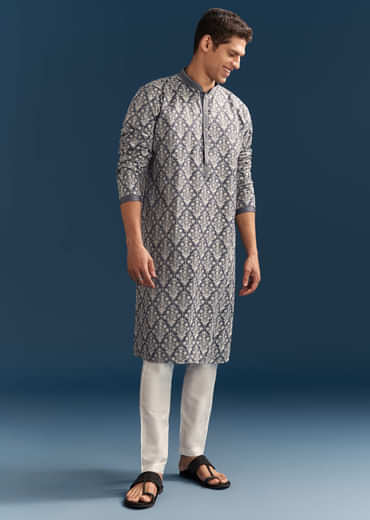 Blue Silk Kurta Set For Men With Thread Embroidery