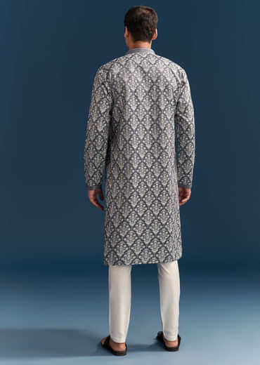 Blue Silk Kurta Set For Men With Thread Embroidery