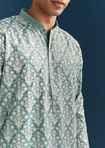 Teal Blue Silk Kurta Set For Men With Thread Work