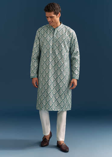 Teal Blue Silk Kurta Set For Men With Thread Work