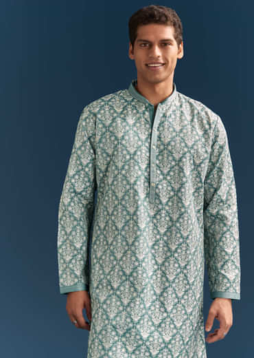 Teal Blue Silk Kurta Set For Men With Thread Work