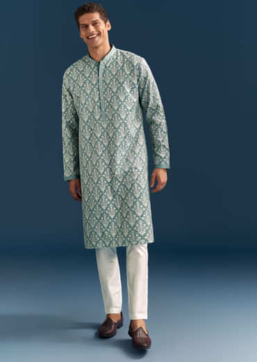 Teal Blue Silk Kurta Set For Men With Thread Work