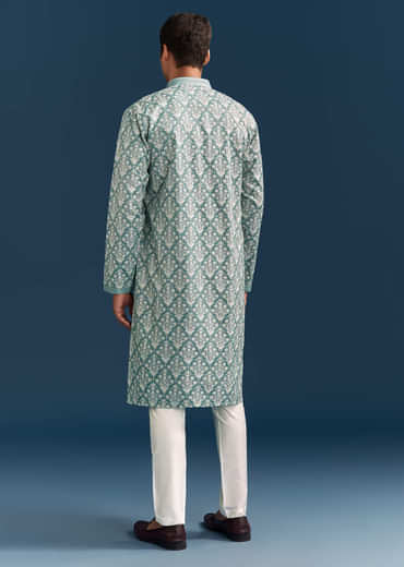 Teal Blue Silk Kurta Set For Men With Thread Work