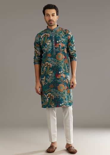 Blue Silk Printed Kurta Set With Stone Embellishment