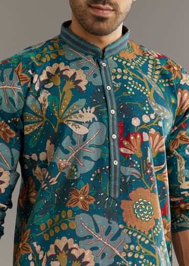 Blue Silk Printed Kurta Set With Stone Embellishment