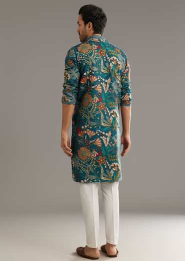 Blue Silk Printed Kurta Set With Stone Embellishment
