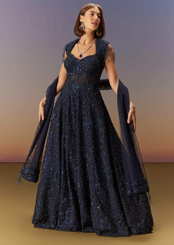 Blue Sleeveless Gown With Dupatta