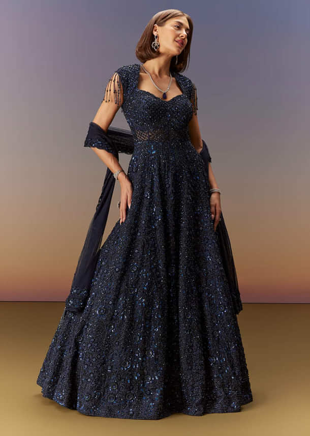 Blue Sleeveless Gown With Dupatta