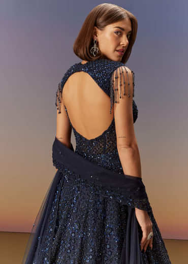 Blue Sleeveless Gown With Dupatta